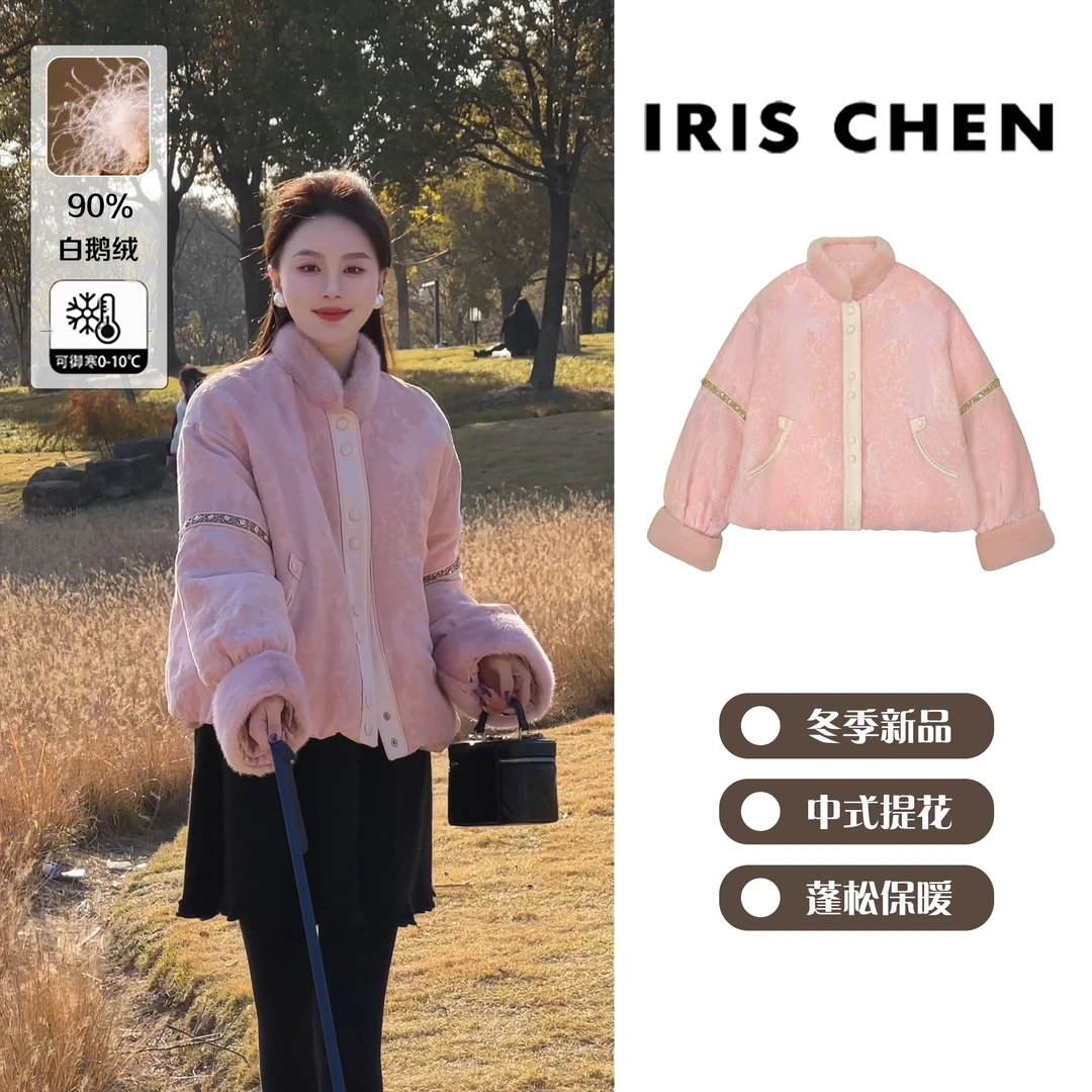 IRIS CHEN 桃花坞 25冬90“鹅绒”水貂毛领国风印花羽绒服25YRF1179