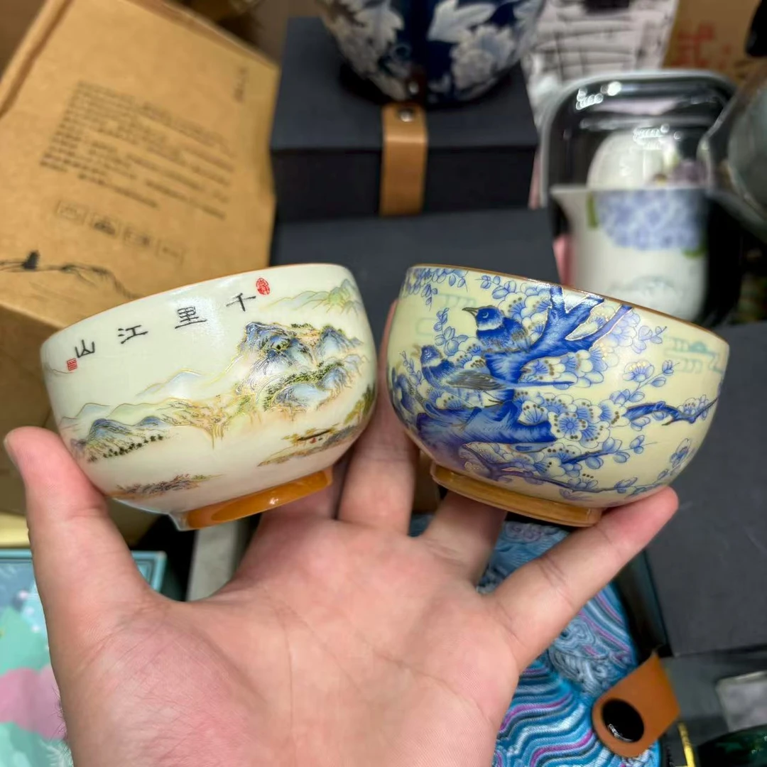2店【闪购商品】汝窑千里江山加喜上枝头铜钱底主人杯对杯1621+1392