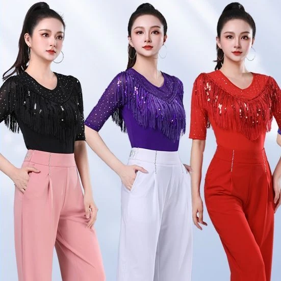 拉丁舞上衣女广场跳舞衣国标舞摩登舞服吉特巴长袖亮片流苏舞蹈服