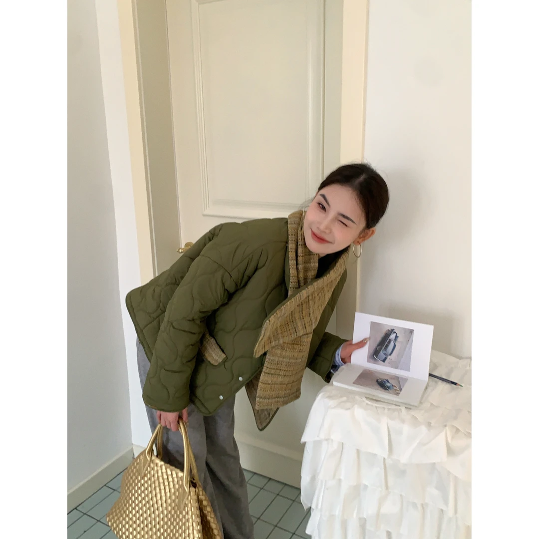 【造型玩家】76673 日系菱格夹棉棉服小个子宽松外套【配围巾】