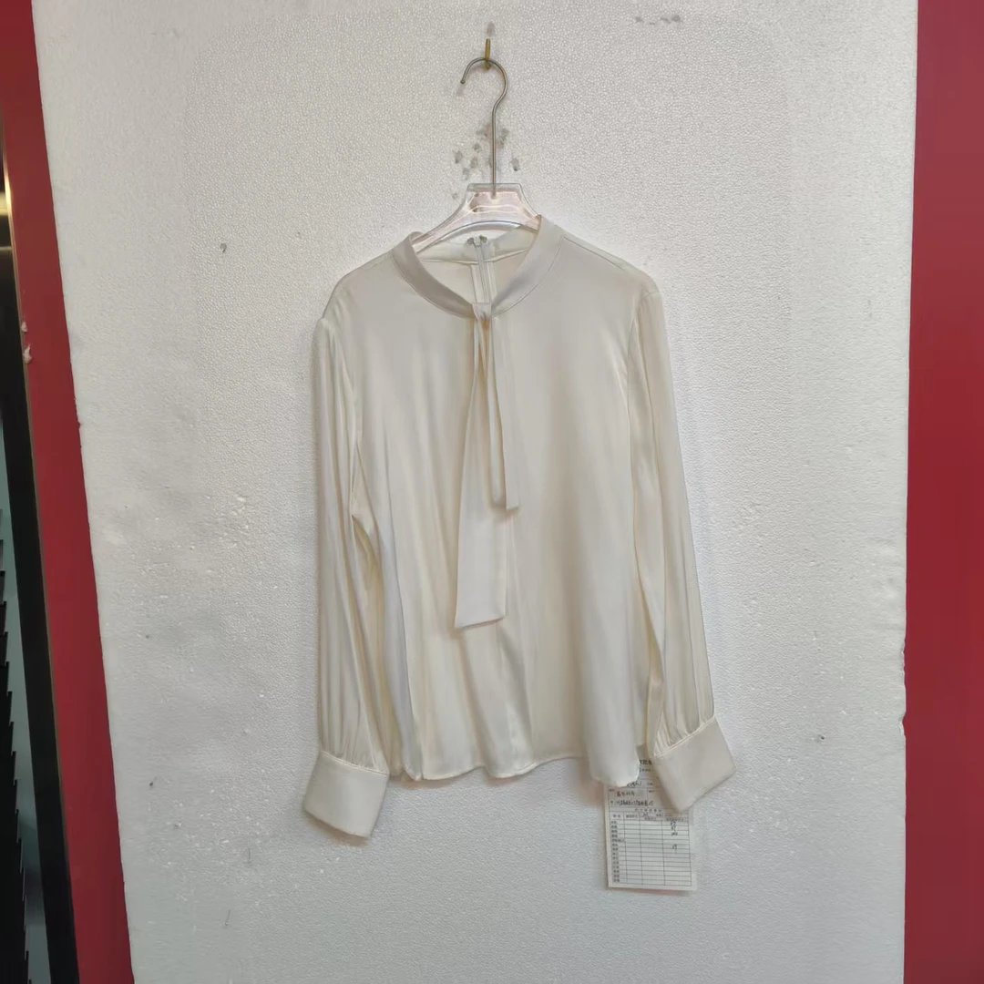 重磅真丝双乔弹力纯色后拉链飘带领长袖上衣衬衫225