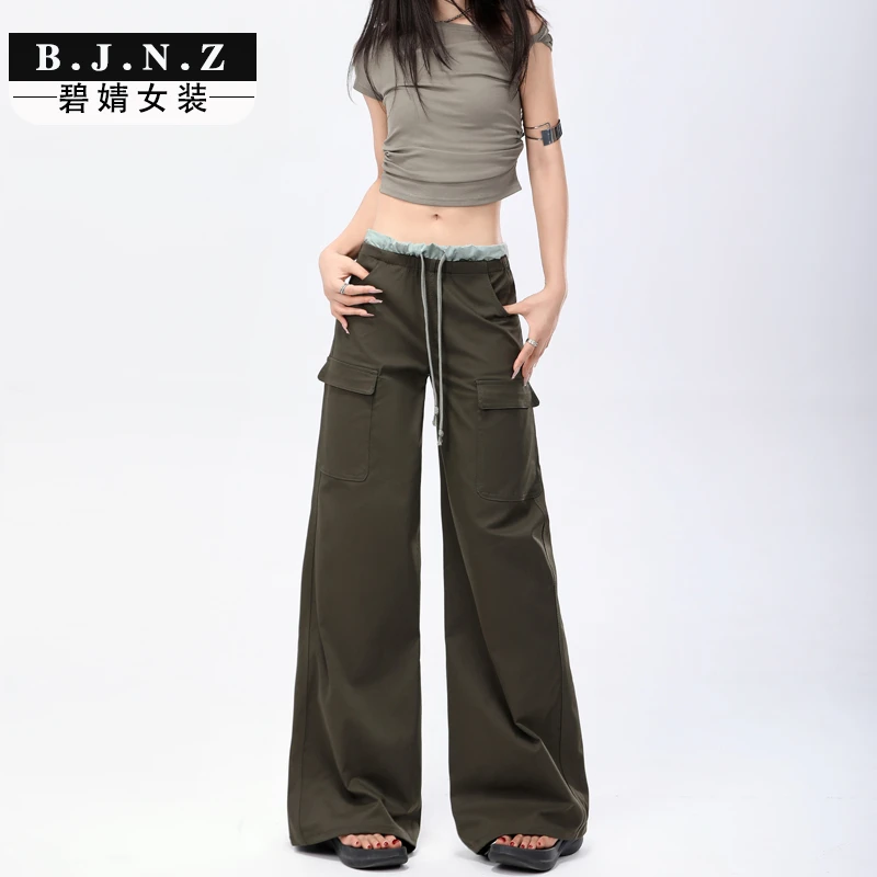 军绿色多口袋工装裤女2025年夏季薄款低腰显瘦宽松百搭休闲阔腿裤