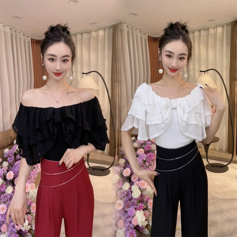 新款夏季一字领性感时尚荷叶边珠子气质上衣