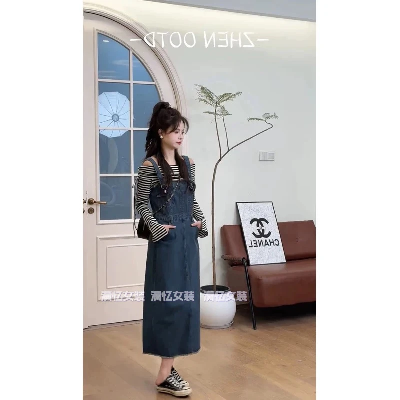 2025春秋显瘦气质搭配时尚高级感复古减龄牛仔背带连衣裙两件套女