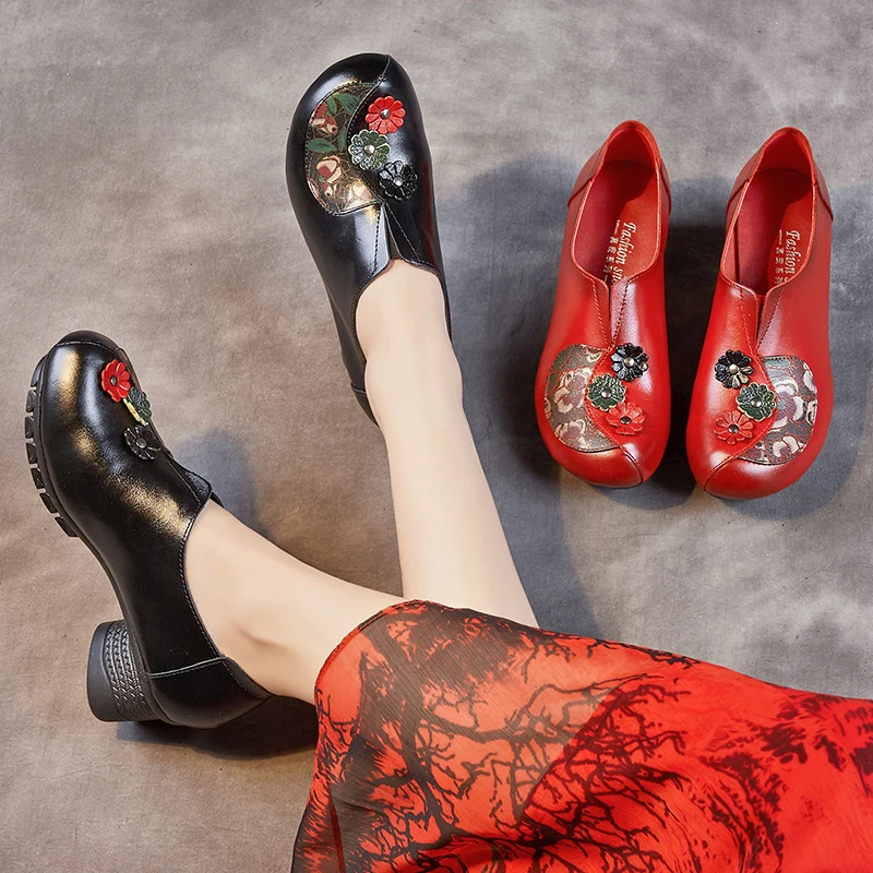 高端女士红色单鞋女春秋季新款牛皮粗跟浅口软底妈妈鞋民族风女鞋