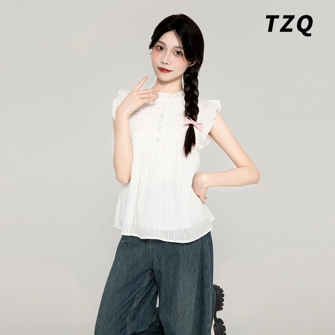 木耳边仙女小飞袖女装上衣无袖休闲圆领宽松2024新款白色
