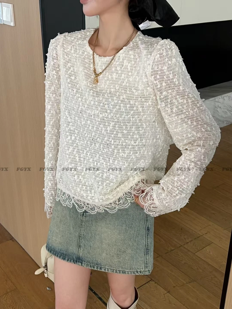 8086 欧版蕾丝拼接T恤女装2025春季新款打底衫洋气显瘦高级感上衣