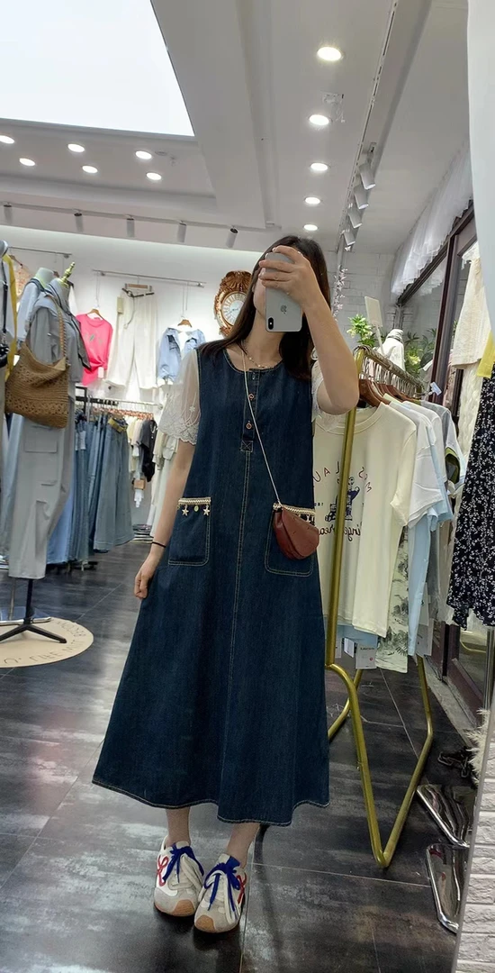 夏季新品设计感高档蕾丝袖短袖T恤衫长款牛仔连衣裙两件套潮