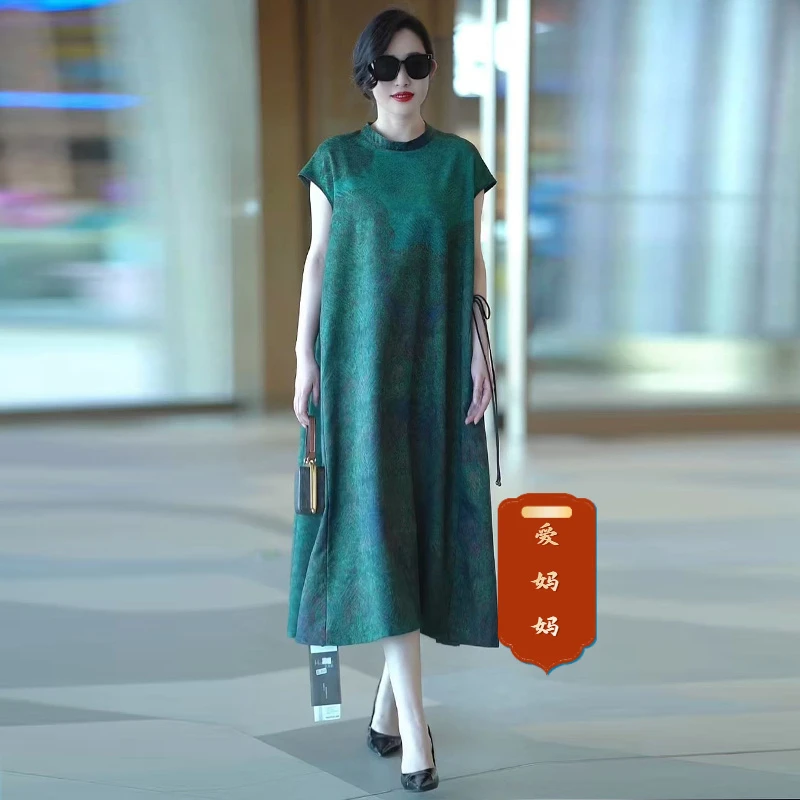 H夏季舒适新中式气质妈妈真丝提花宽松短袖连衣裙文艺显瘦裙时尚
