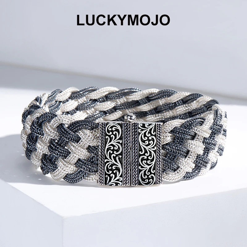 LUCKYMOJO 925银手链 轻奢高级感宽版霸气土耳其银手镯男女潮复古