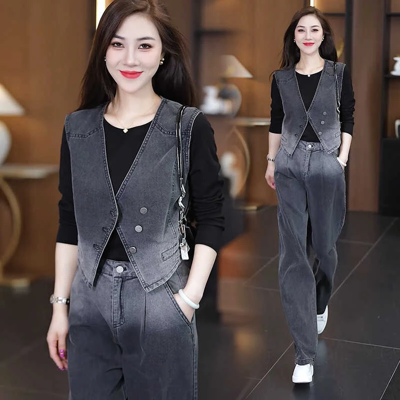时尚牛仔阔腿裤套装女秋2025年秋季新款洋气渐变色牛仔马甲两件套