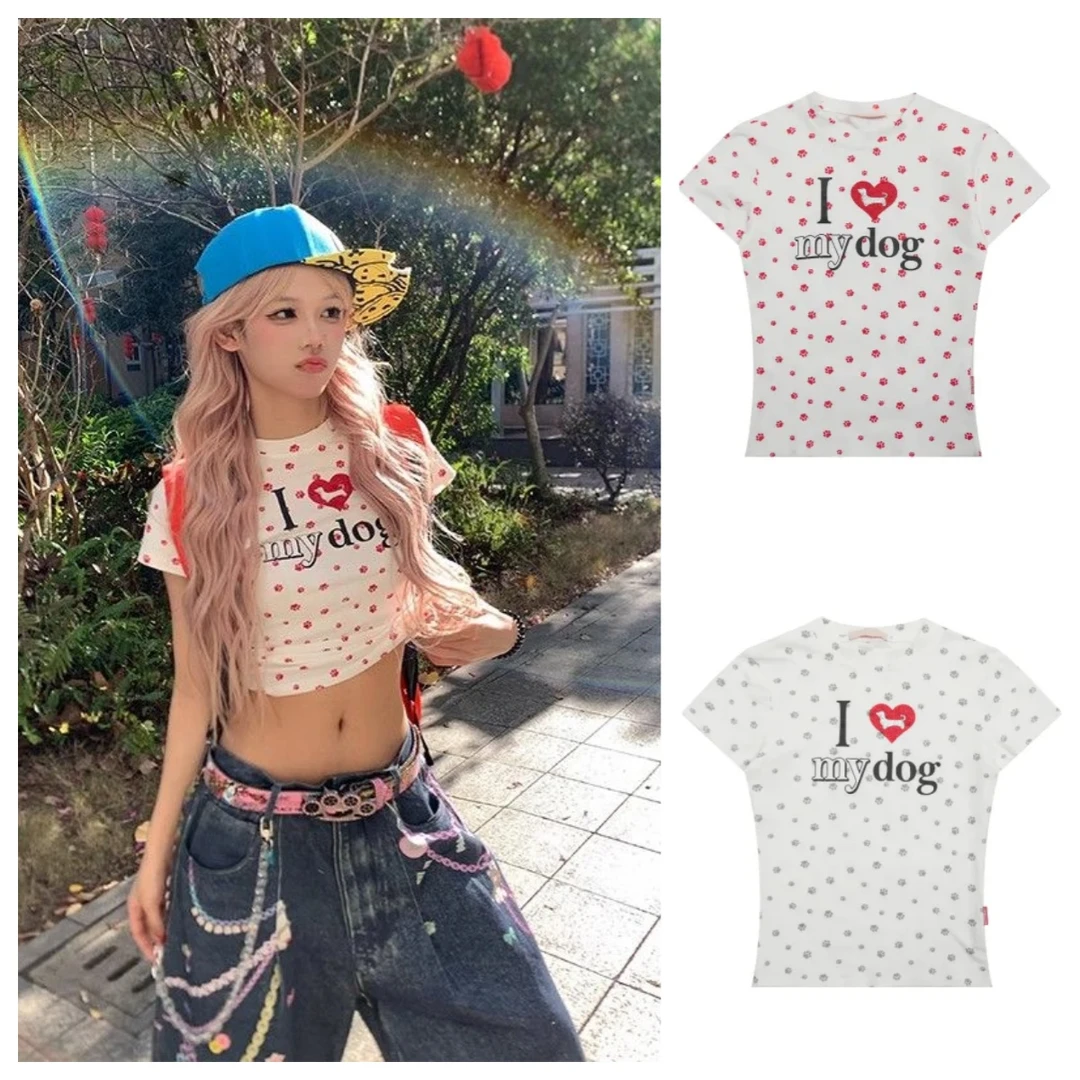 烫钻印花小众甜辣设计感辣妹风ins夏季短款短袖露脐套装抗起球T恤