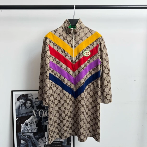 未使用 GUCCI/古驰 双G满印拼接色连衣裙/XS/带吊牌