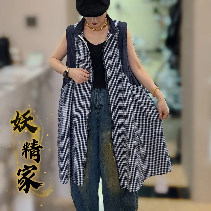 53148【妖精家】格纹拼接外套式背心连衣裙户外风长款马甲