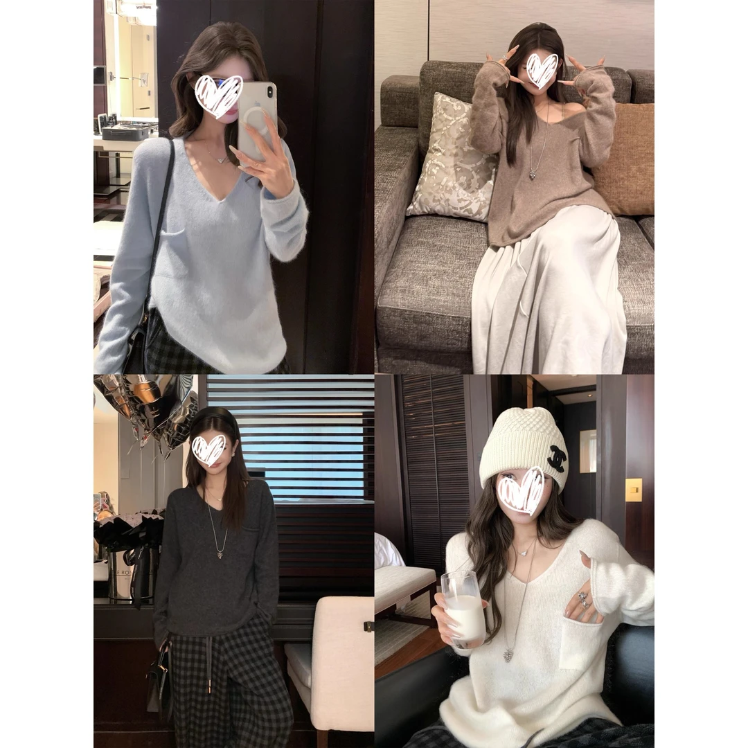 V领宽松型针织常规款厚款衫显瘦毛衣秋季慵懒百搭韩系套头