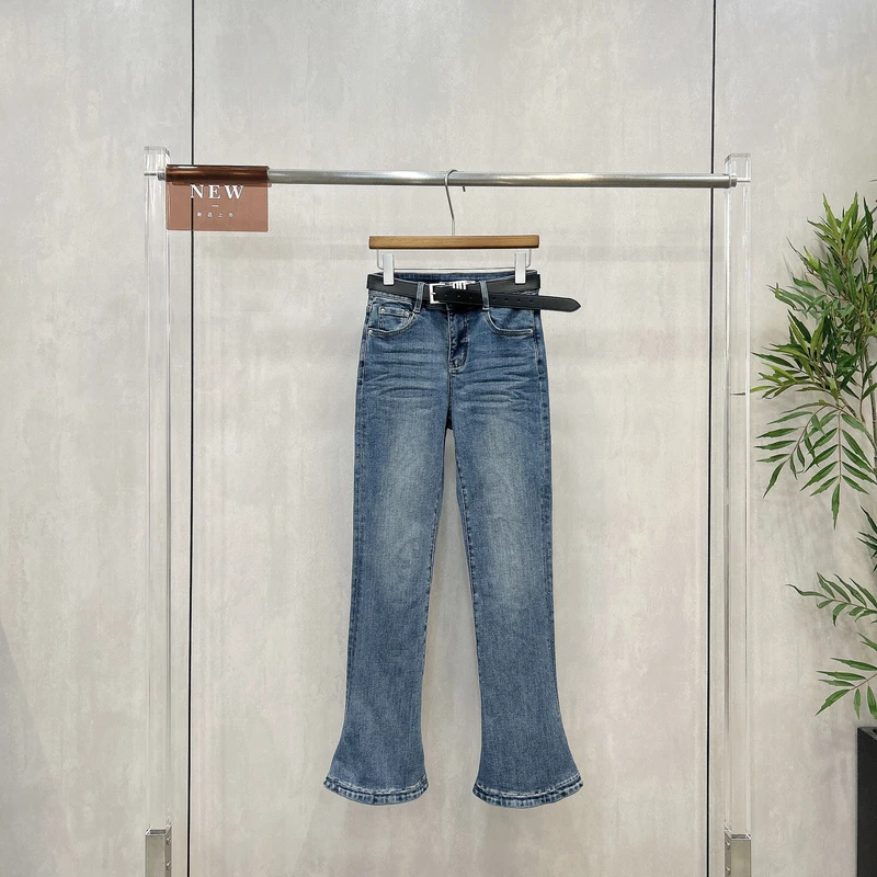 WEISU春季高腰弹力修身微喇牛仔裤女时尚显瘦复古蓝马蹄长裤52900