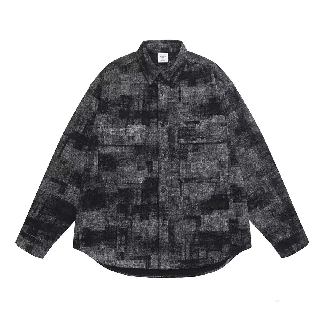 2025春款新品复古满印格纹翻领牛仔外套衬衫