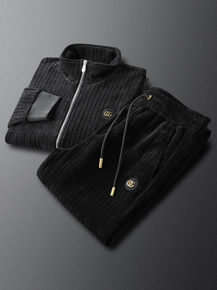 凯邦威克品质欧货冬季厚款休闲运动套装男条绒保暖男士外套卫裤潮