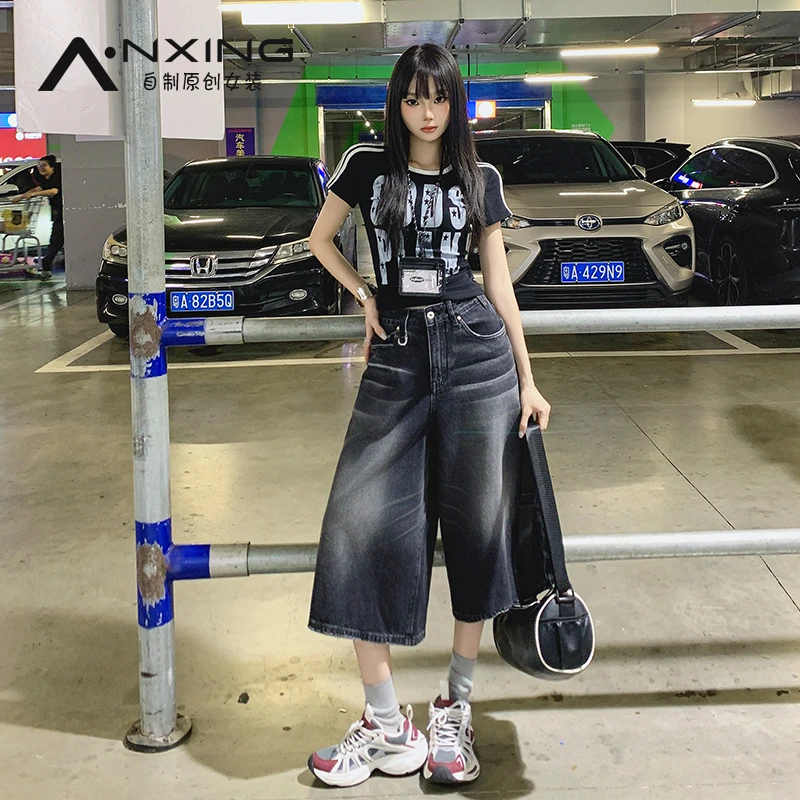 美式复古七分牛仔裤女2025新款夏季高腰宽松阔腿显瘦韩版垂感中裤