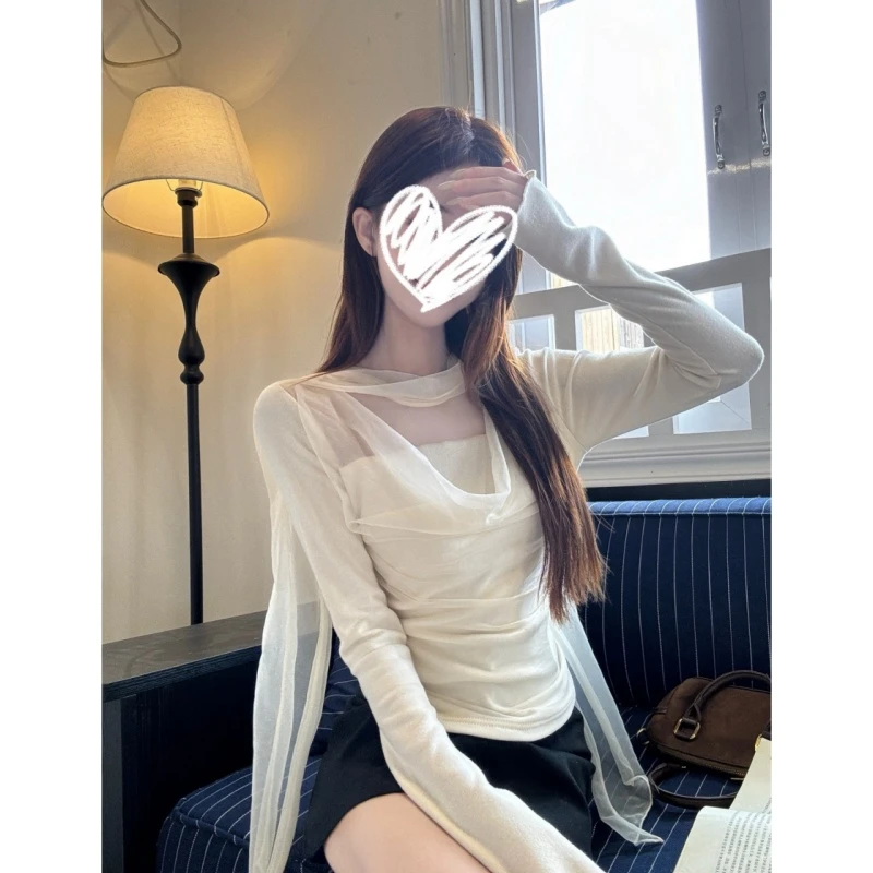 设计感网纱拼接飘带针织衫女2025秋冬新款气质独特长袖打底衫上衣