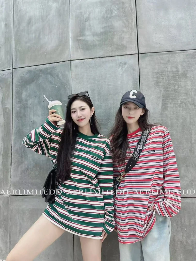 韩系撞色条纹口袋设计长袖T恤女秋季新款情侣百搭休闲上衣