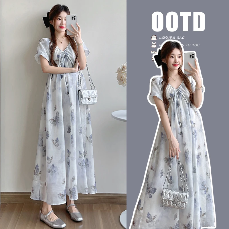 孕妇装夏装时尚V领系带收腰显瘦过膝长裙宽松潮妈夏季雪纺连衣裙