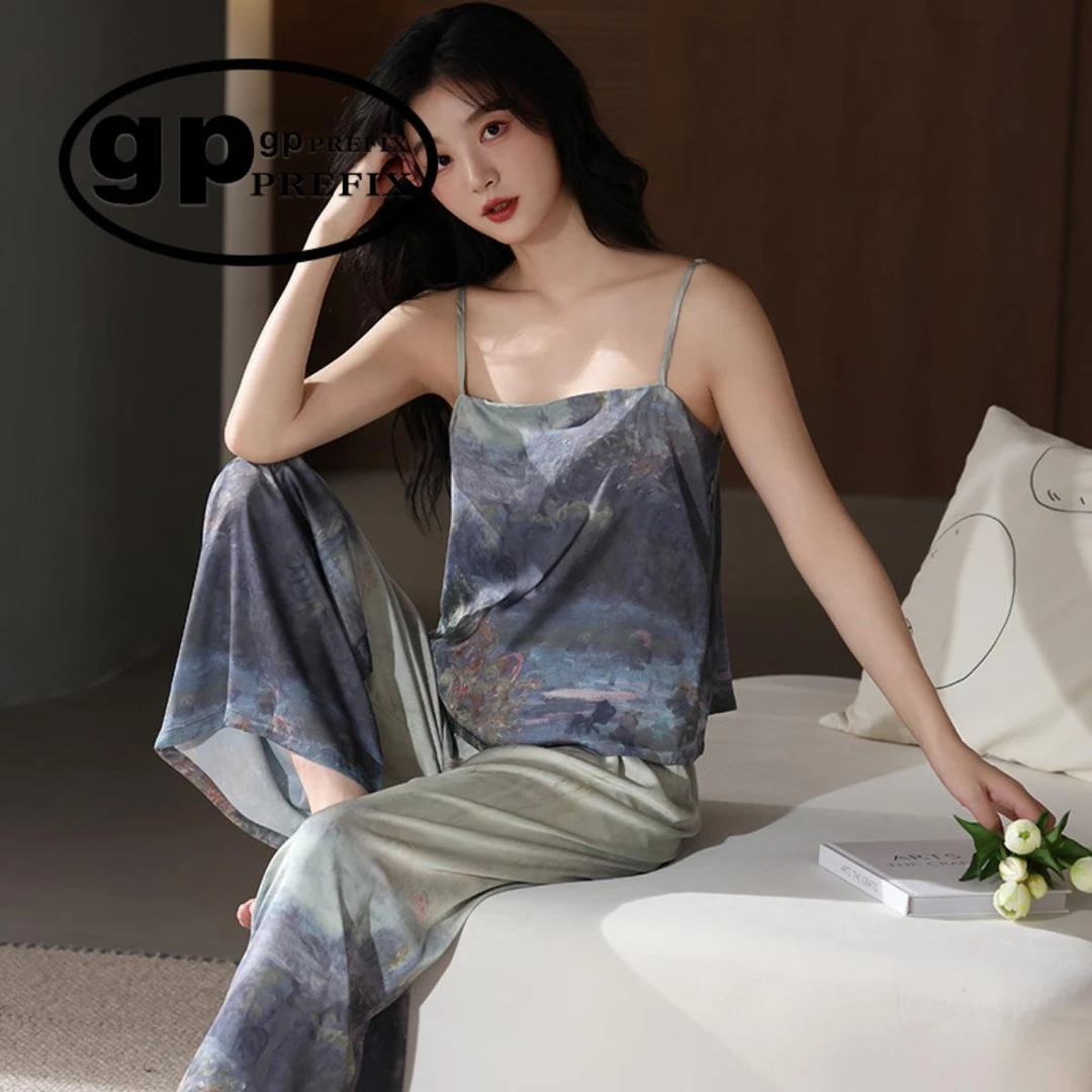 日本小众GP带胸垫睡衣女款夏季高级感冰丝吊带阔腿长裤家居服套装