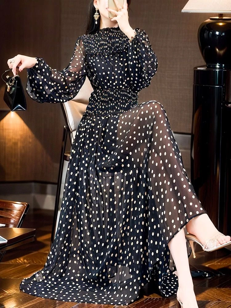 2025春夏新款长袖圆领波点长裙气质雪纺连衣裙高级显瘦时尚裙子