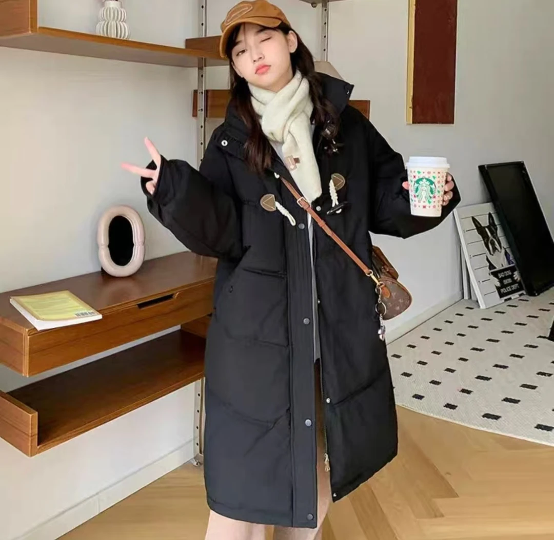 甜美复古牛角扣立领棉服女2024冬装加厚网红款冬天外套中长款棉衣