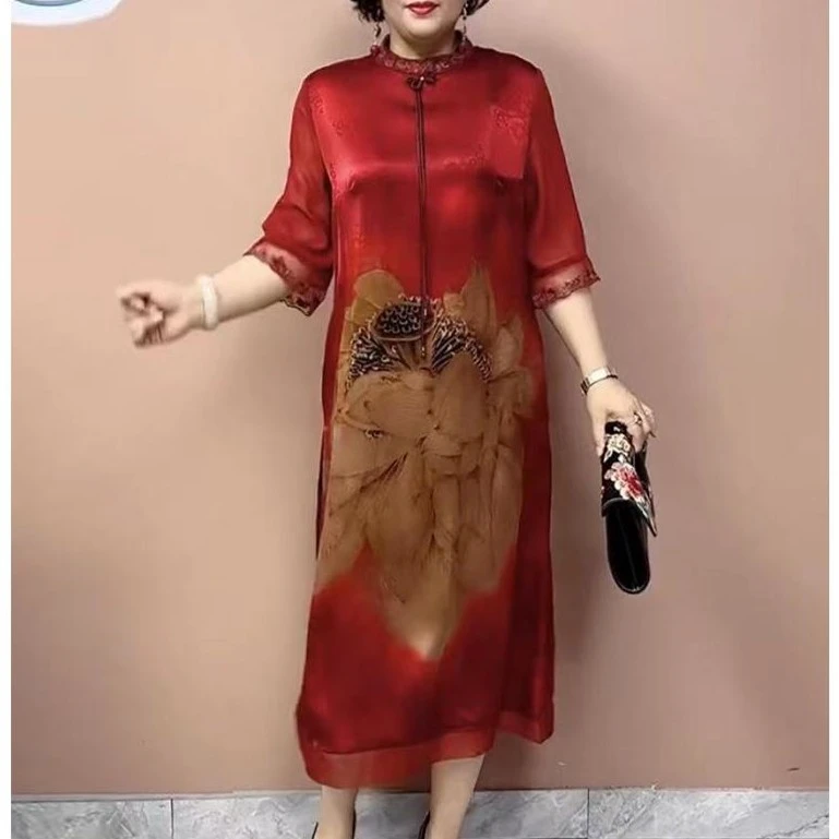 169重磅大码旗袍裙中老年妈妈装中袖立领刺绣连衣裙定位花长裙120