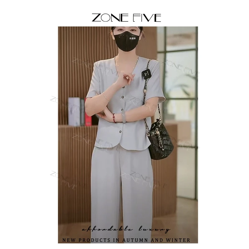 天丝亚麻老钱风套装女盐系短袖外套+阔腿裤小香风