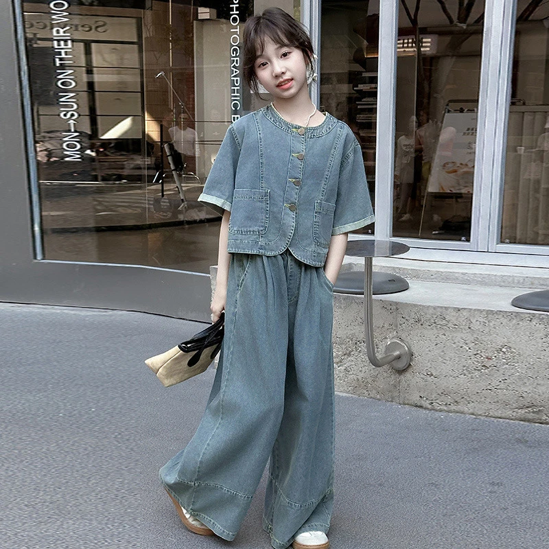 女童短袖牛仔套装夏季2025新款中大童洋气半袖牛仔阔腿裤两件套潮