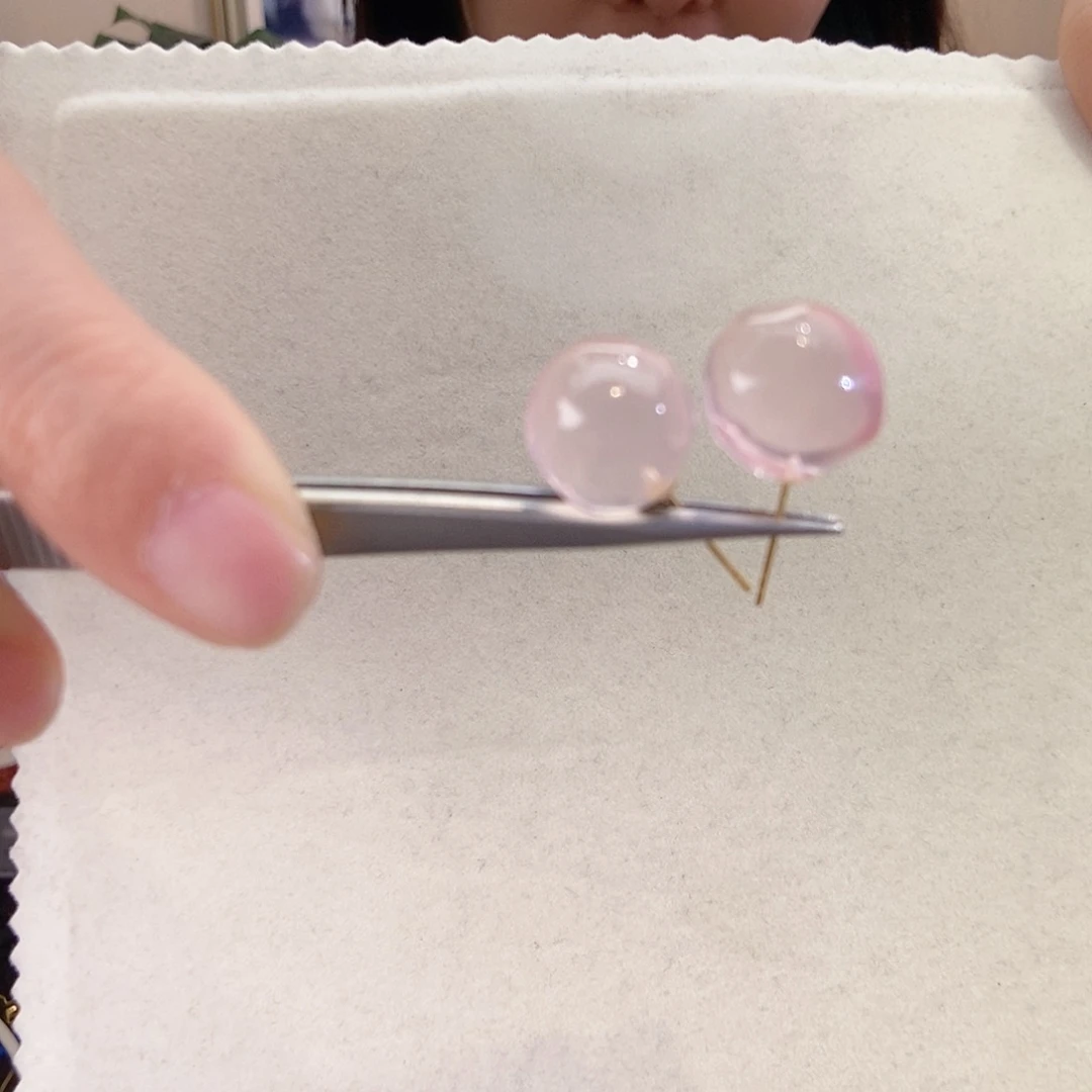 芙蓉石耳饰18K金镶嵌星光粉冰菊粉菠萝珠耳钉