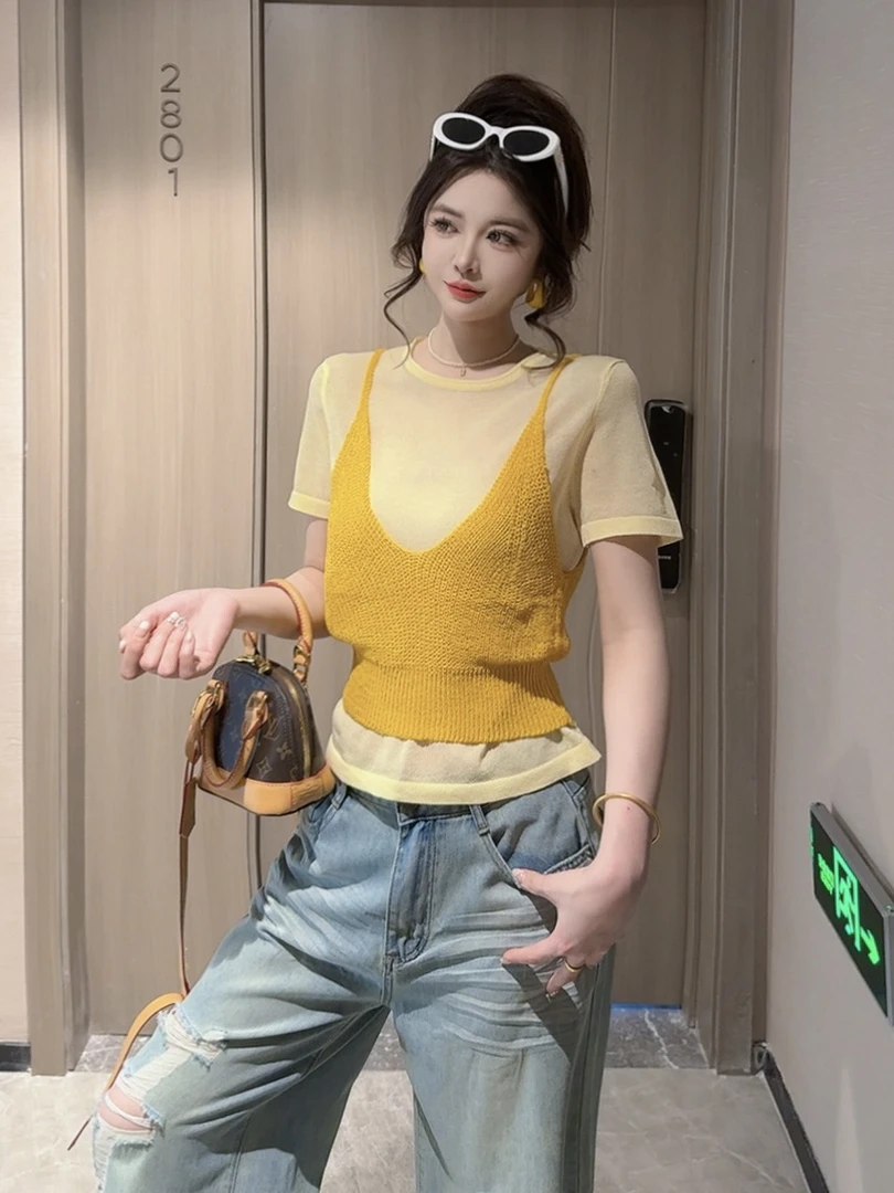 【CCDZ】夏季新品时尚百搭设计感撞色针织两件套上衣女