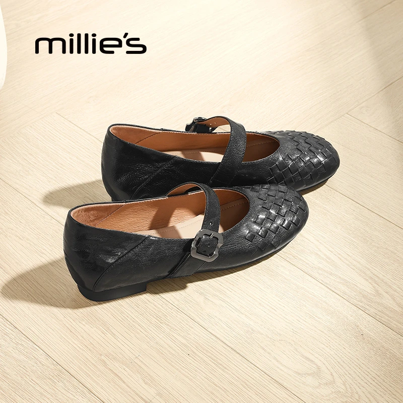 MILLIE'S/妙丽玛丽珍2025年秋季新款粗跟一字带编织平底浅口单鞋