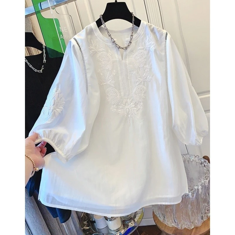 6367轻奢风重工法式刺绣泡泡袖百搭衬衫洋气夏装时尚遮肚子上衣女