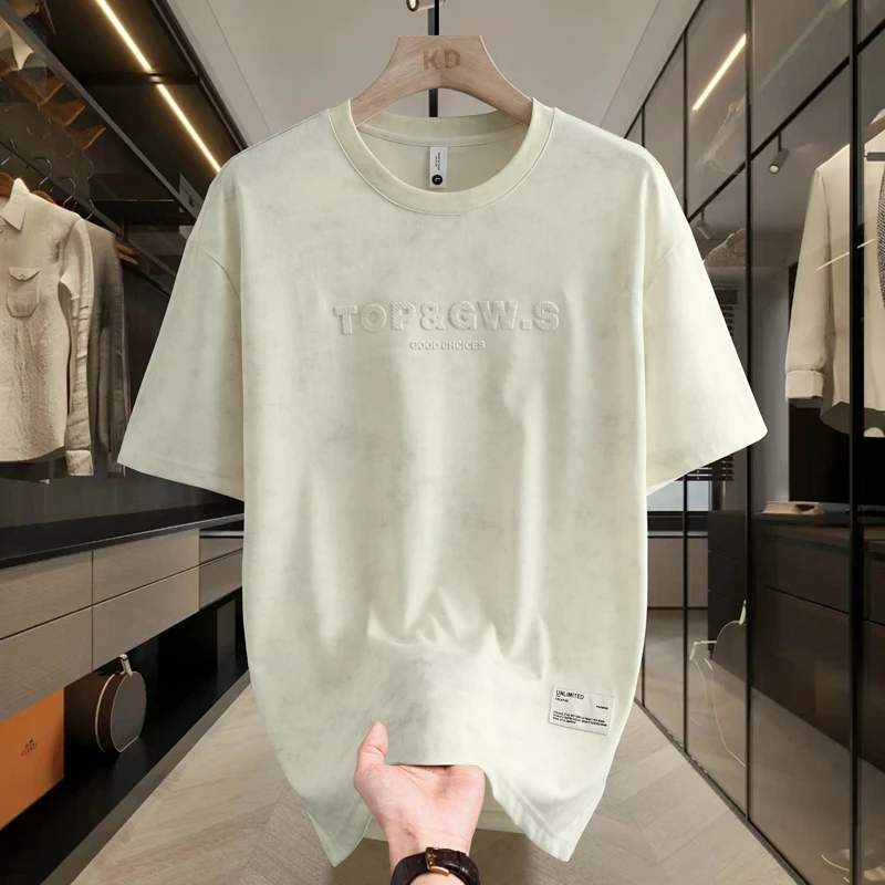 轻奢男士钢印短袖T恤新款潮流百搭圆领上衣简约扎染宽松半袖男装