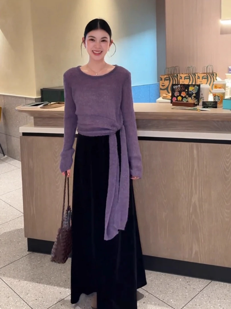 慵懒风气质软糯绑带圆领紫色毛衣女装2025秋冬新款百搭时尚针织衫