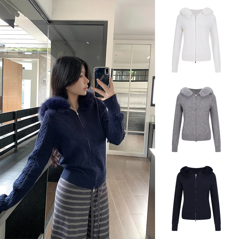 Moses Queen/魔西女王毛领连帽针织衫冬季厚款保暖麻花毛衣短外套