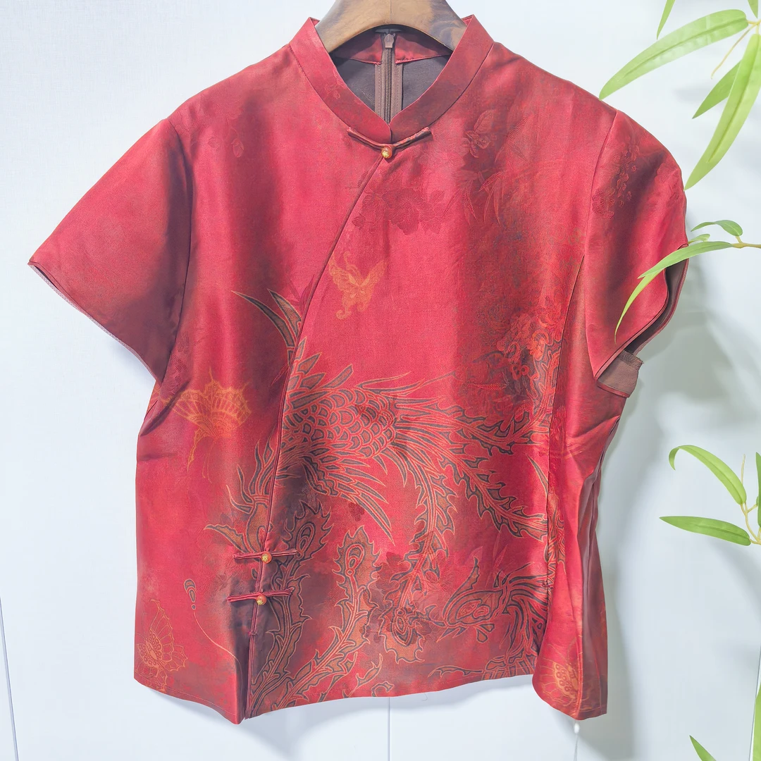 青娘子香云纱印花提花复古气质女士短袖半袖套头上衣-60395