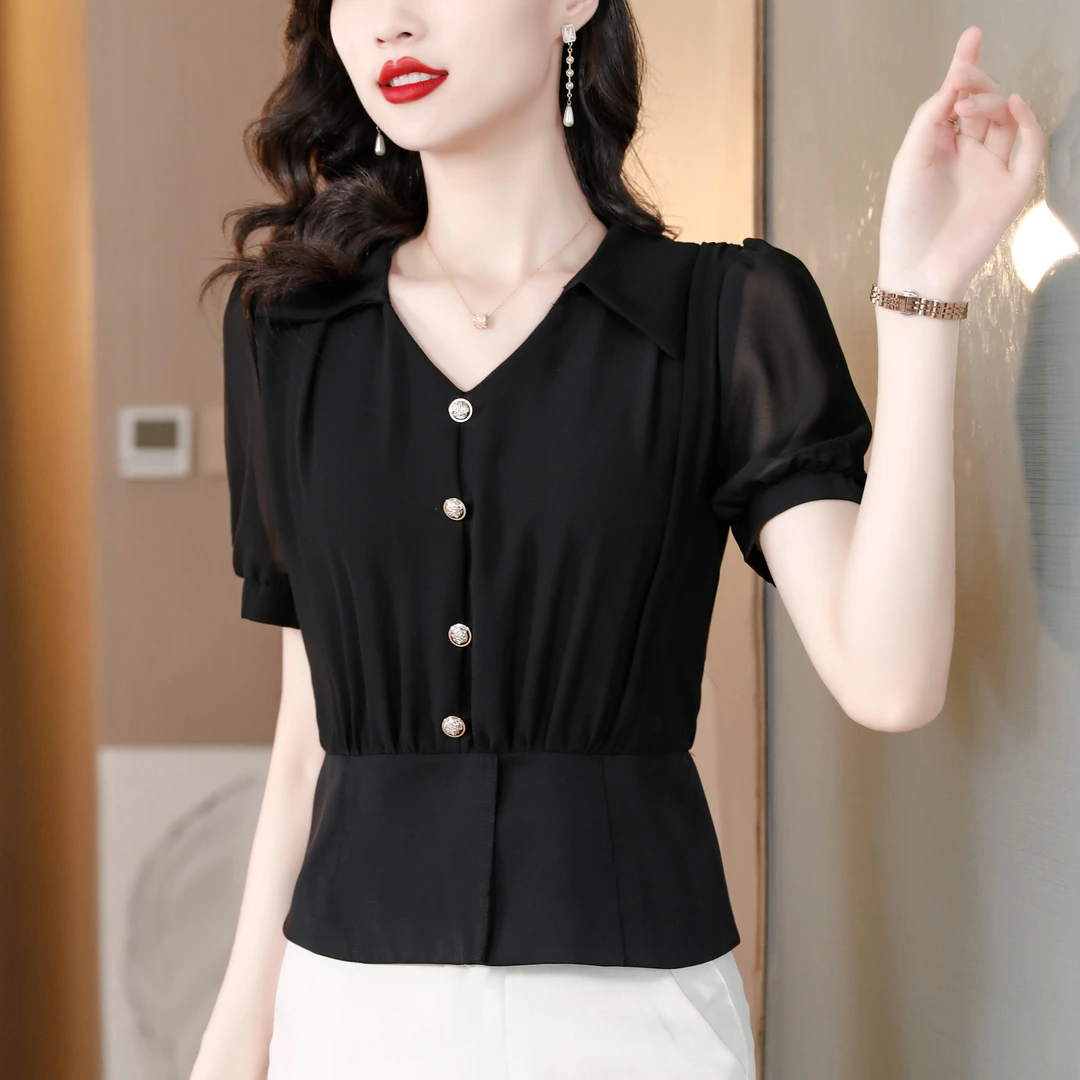 法式收腰雪纺衬衫女短袖夏装气质黑色显瘦小衫小个子短款女士上衣