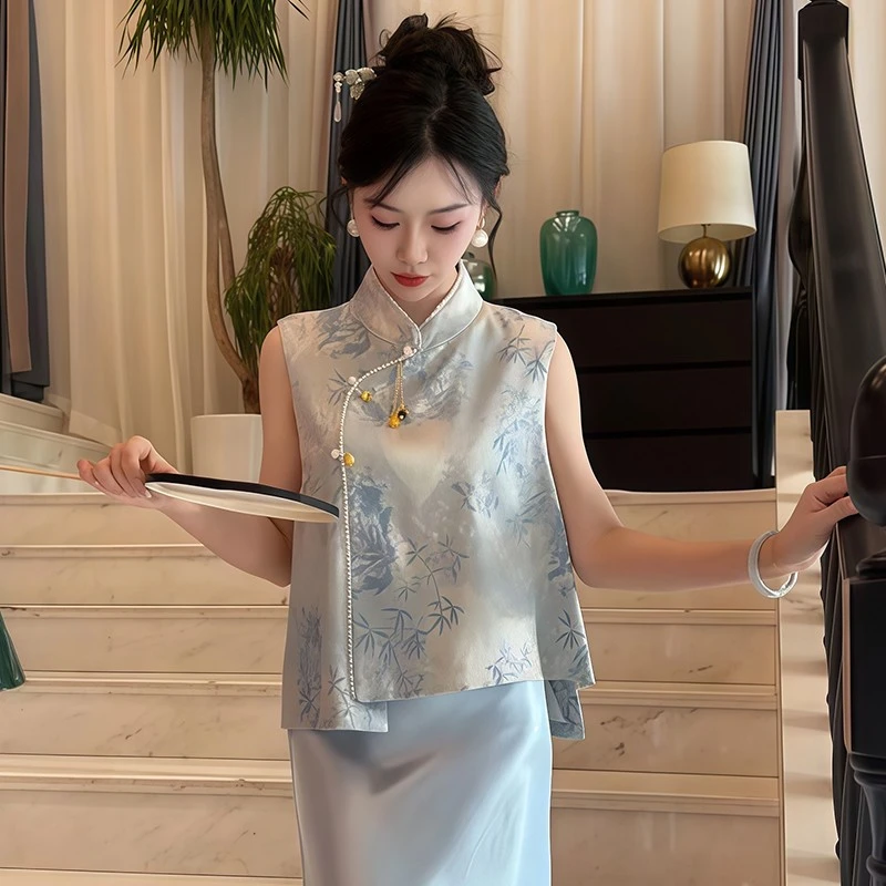 新中式国风立领提花无袖马甲女夏季时尚气质复古百搭斜襟马甲潮流