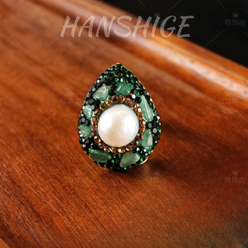 铜合金戒指 【E507】复古百搭绿色珠珠戒指