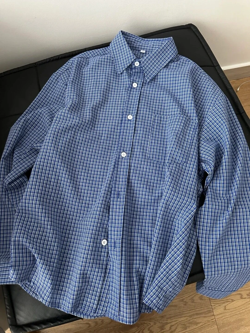 美式复古蓝色格子慵懒长袖衬衫男女高级感百搭宽松衬衣外套1078