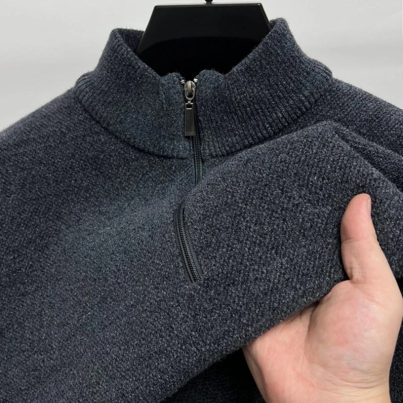 CATIA SELI雪尼尔半高拉链加绒加厚毛衣男立领冬季保暖一体绒上衣