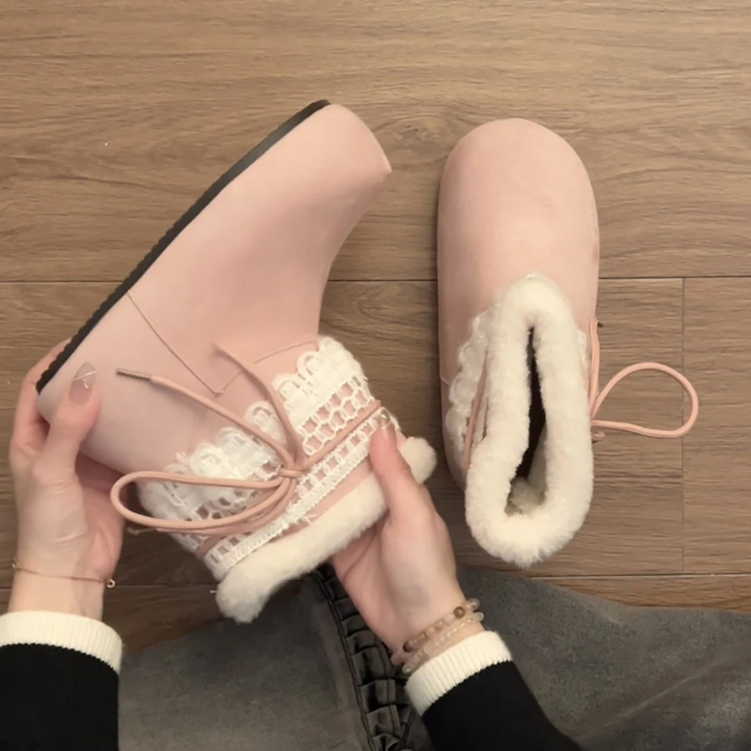 爆款粉色复古加绒厚底雪地靴女款2025新款冬季保暖外穿勃肯棉鞋子