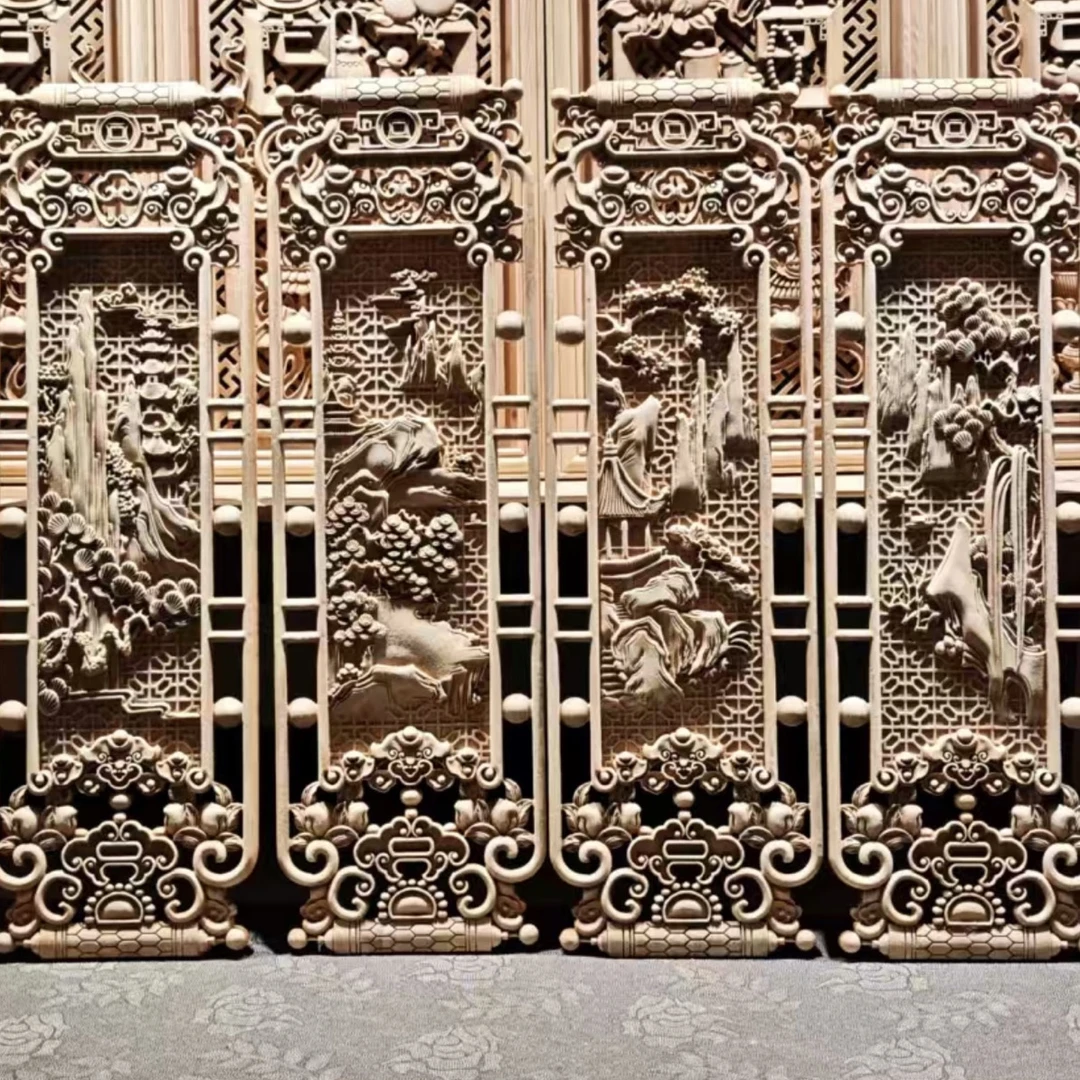 东阳木雕黄记木艺书卷式山水挂屏高90宽28