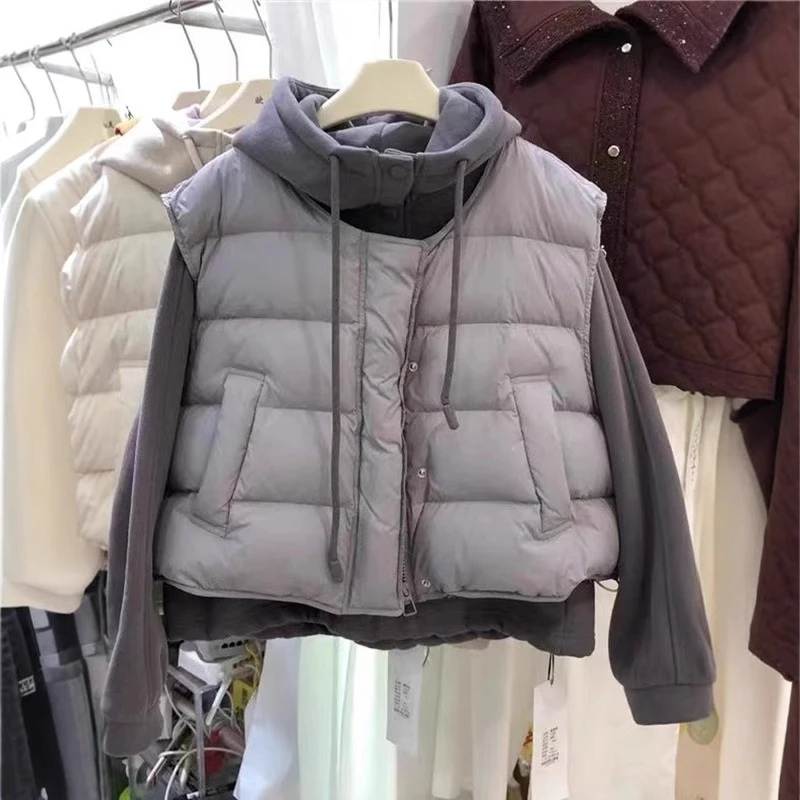 微胖大码立领加绒棉马甲女秋冬时髦休闲洋气百搭连帽卫衣两件套装