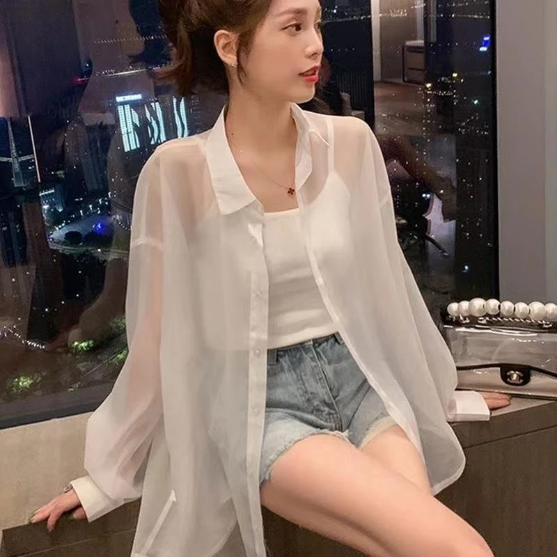 防晒衣女开衫冰丝外套夏透气韩版宽松雪纺薄款长袖防晒服白色衬衫