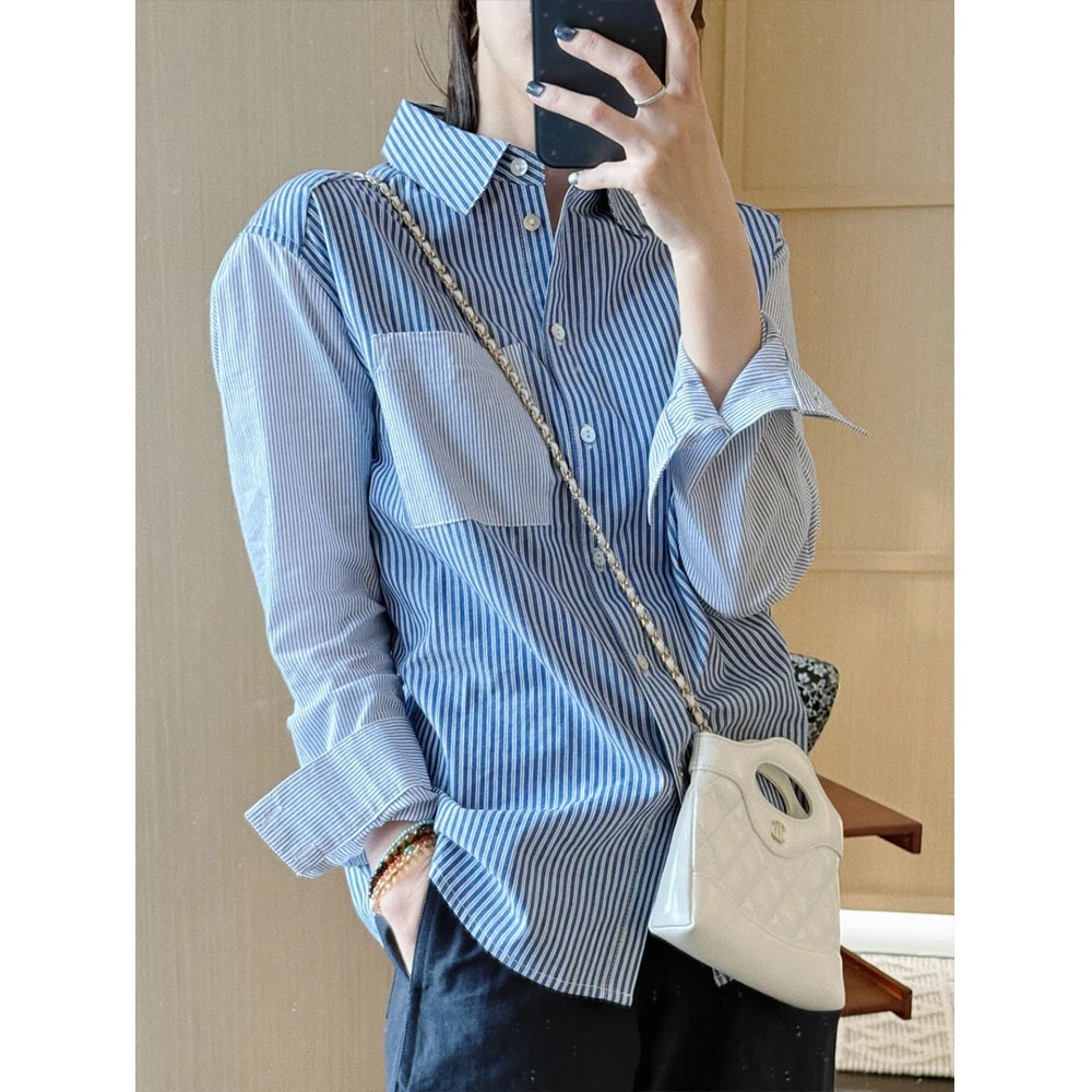 【MGDM】酵洗纯棉条纹时髦蓝色拼接条纹衬衫女2025春DDJ24517